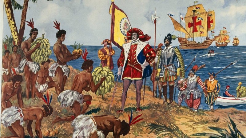 Create meme: 1492 Christopher Columbus discovered the island of Haiti, Christopher Columbus and the natives, christopher columbus america