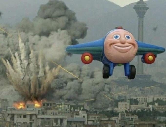 Create meme: Jay Jay the jet plane, the airplane flies away from the explosion, meme plane flies away from explosion