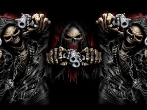 Create meme: skull with guns, skeleton with a gun