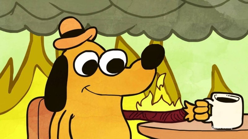 Create meme: this is fine , the dog is on fire, dog in the burning house