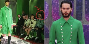 Create meme: Jared Leto in the fashion show 2016 green coat, Jared Leto and green cloak, Jared Leto 2017