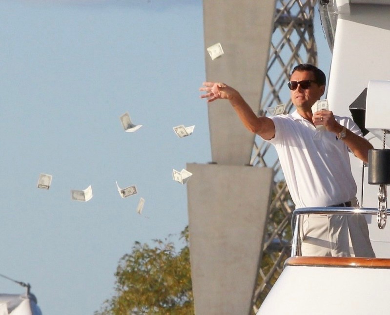 Create meme: the wolf of wall street the money, DiCaprio throws money, DiCaprio money