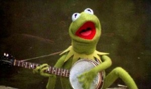 Create meme: the muppet show frog meme, kermit rainbow, Kermit with a guitar