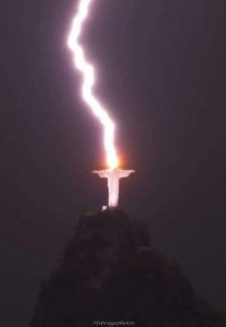 Create meme: the statue of Christ, lightning, darkness