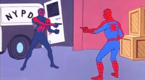 Создать мем: человек паук против человека паука мем, мем 2 человека паука, 3 человека паука мем
