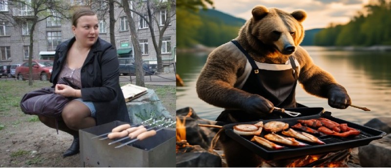 Создать мем: жаренный медведь, медведь ест шашлык, шашлык