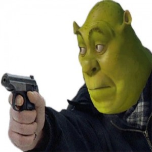 Create meme: meme Shrek, stoned Shrek, Shrek with a gun