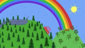 Создать мем: свинка пеппа, пейзаж с радугой, детские рисунки радуга