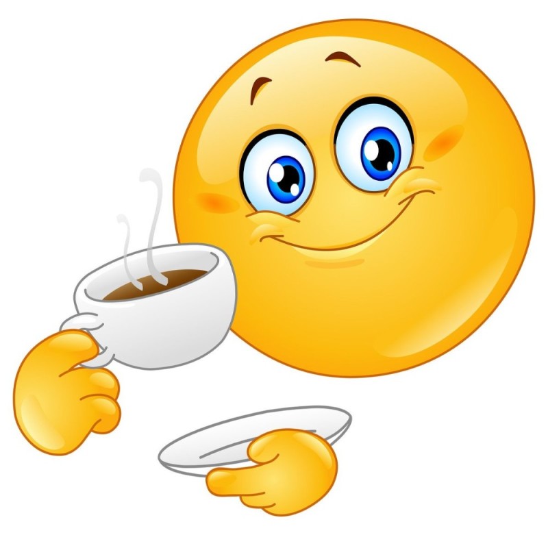 Создать мем: смайлик пьет чай, смайлики с добрым утром, смайлик с чашечкой кофе