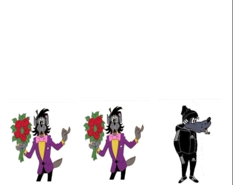 Create meme: Well, wait!, well wait a wolf with a bouquet, wolf with flowers well wait