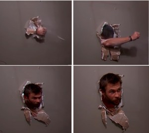 Create meme: Chris Hemsworth meme to the wall, Chris Hemsworth breaks through the wall, Chris Hemsworth breaks down the wall meme