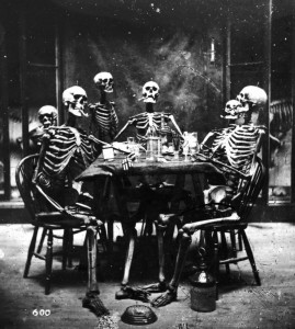 Create meme: skeleton, people, the skeleton at the table