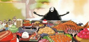 Создать мем: унесенные призраками еда вертикаль, унесённые пирзракамт пир, еда в аниме хаяо миядзаки