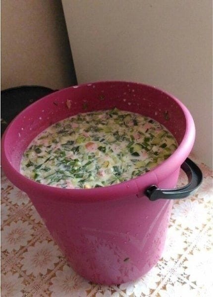 Create meme: okroshka, a bowl of okroshka, a bucket of okroshka