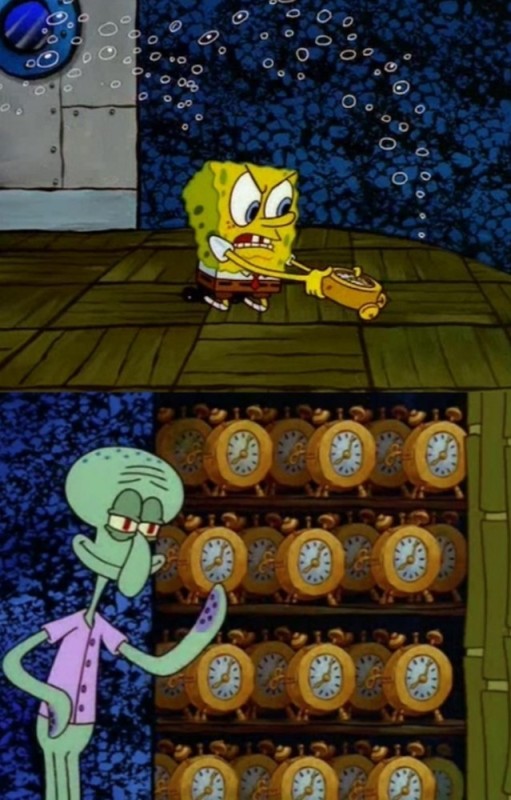 Create meme: spongebob 1999, squidward with alarm clocks, spongebob squidward