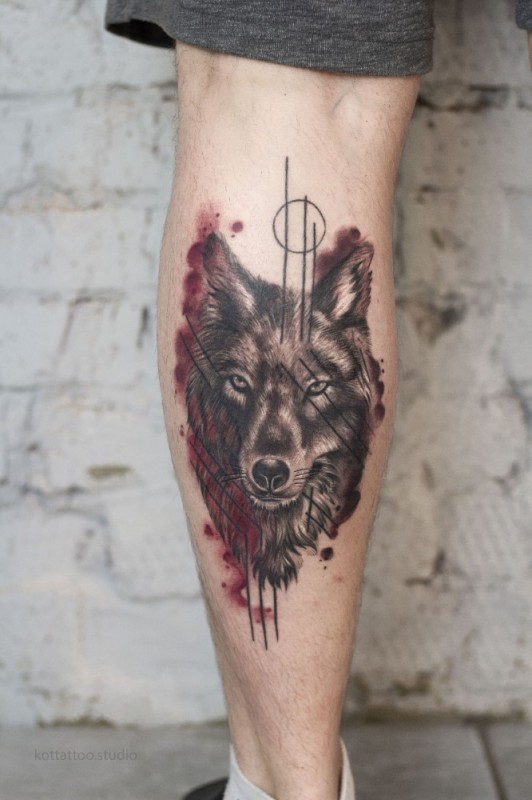 Create meme: tattoo wolf, wolf tattoo on the leg, wolf tattoo on the calf