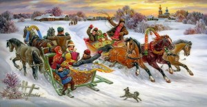 Create meme: Christmas songs, tri Belykh Konya Charodei, lacquer miniature