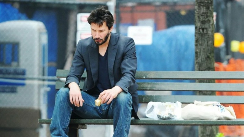 Create meme: sad Keanu , Keanu Reeves on a bench, Keanu Reeves sad