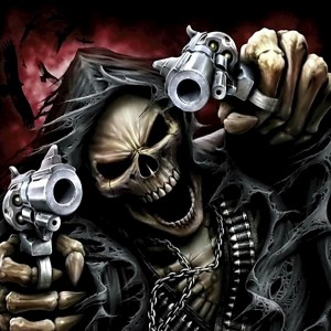 Create meme: skull, skeleton with a gun, skull with guns