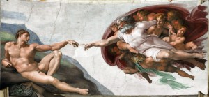 Создать мем: первый человек, "touch of god, , сикстинская капелла с мужицкими яйцами на потолке от микеланджело