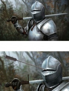 Create meme: helmet knight, a knight with an arrow in the helmet meme, meme with knight and arrow
