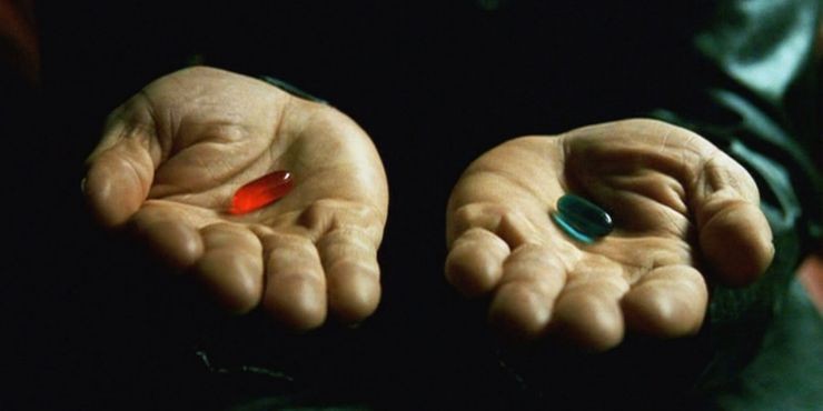 Создать мем: красная таблетка, морфеус выбор таблетки, красная и синяя таблетка