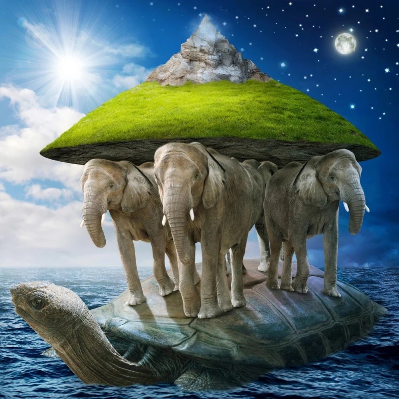 Создать мем: земля на слонах и черепахе, представление древних людей о земле, земля на трех слонах