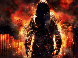 Create meme: man on fire art, the hooded man