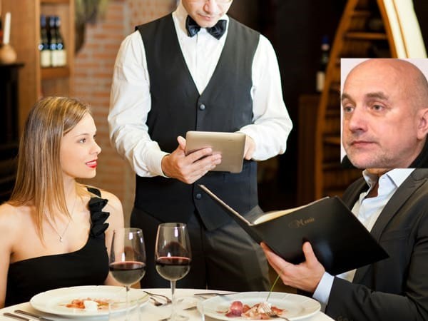 Create meme: couple in restaurant , couple in a restaurant waiter, dinner at the restaurant waiter