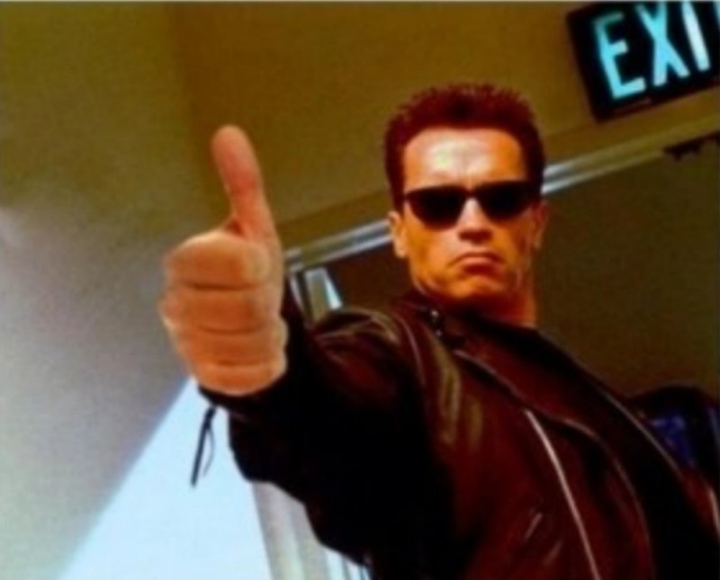 Create meme: Arnold Schwarzenegger terminator 2, meme of terminator , terminator thumb