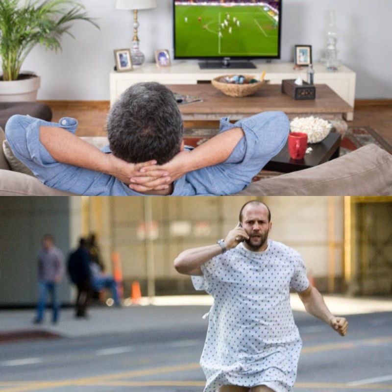 Create meme: watch TV, adrenaline Jason Statham runs, Jason Statham escapes from the hospital