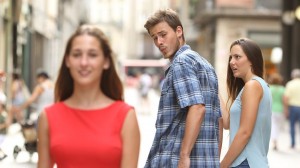 Create meme: male, the guy looks at the girl, the guy turns to girl