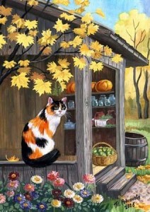 Создать мем: кошка осень, осенний пейзаж с котом, осень кошка картины художников