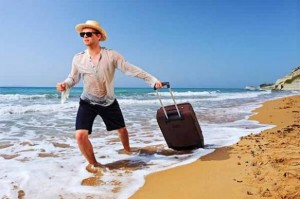 Create meme: man on the beach, pictures with suitcase on vacation, run on vacation with a suitcase