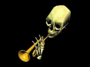 Создать мем: trumpet, skull, skeleton