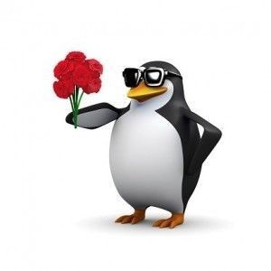 Create meme: Penguin with flowers let's suck, Hello this meme penguin, penguin with flowers