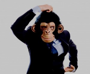 Создать мем: деловая обезьяна, человек в обезьянней маске, человек шимпанзе гарри