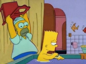 Create meme: Homer, Homer and Bart meme, Bart hits Homer with a chair meme