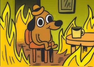Создать мем: собачка в горящем доме, собака в пожаре мем, мем собака в огне
