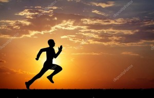 Create meme: silhouettes of people running on a lilac background, a man runs into the sunset, silhouette runner at sunset