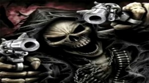 Create meme: skull fantasy, darkness, skeleton with a gun