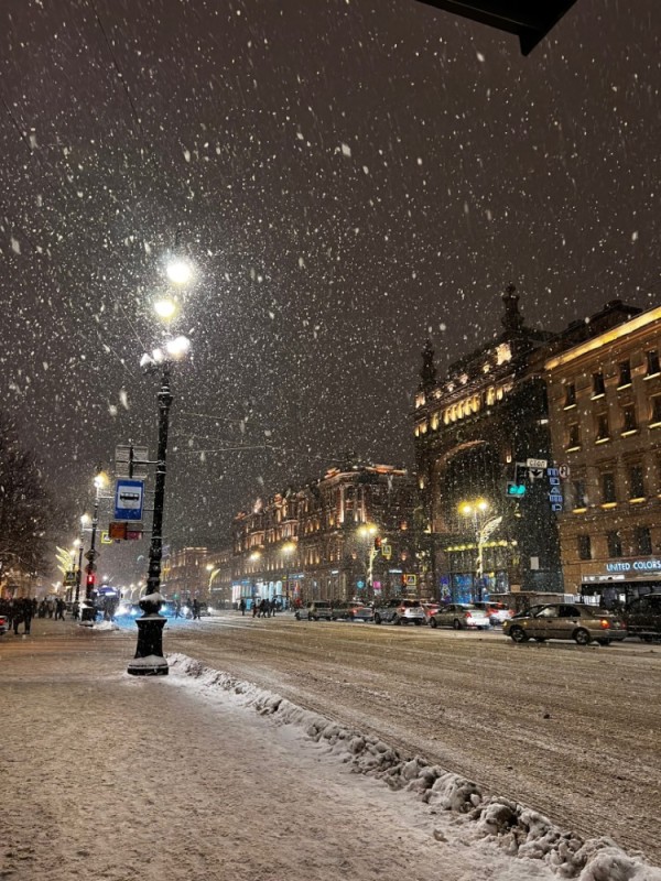 Create meme: winter night, snow in St. Petersburg, snow 