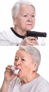 Create meme: grandmother with asthma, grandmother with gun meme, grandma with a gun and inhaler