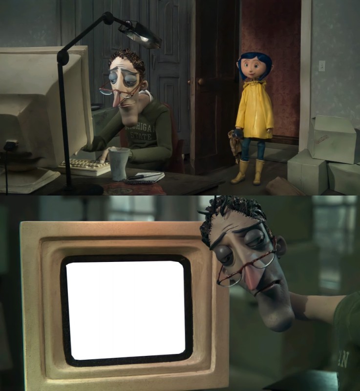 Create meme: Coraline, Coraline in the land of nightmares father at the computer, Coraline in the land of nightmares father