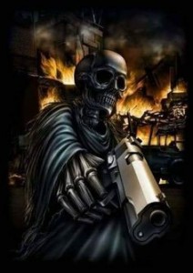 Create meme: dark arts, skeleton with a gun, skull fantasy