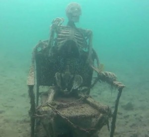 Create meme: terrible finds under water, the skeleton under water