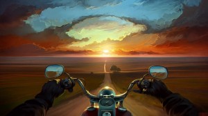 Create meme: sunset Moto picture, biker leaving in sunset sketch, motorcycle road sunset