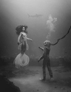 Create meme: sirens, mermaid and diver, black and white picture mermaid sea