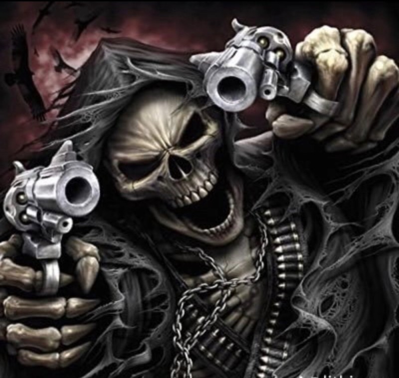 Create meme: cool skeleton with a gun, the skeleton is cool, skull with guns