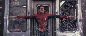 Create meme: spider-man stills, Tobey Maguire spider-man train, Spiderman 2 train stops